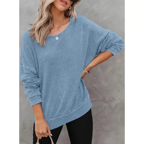 Dokotoo Womens Oversized Waffle Knit Crewneck Sweatshirts Long Sleeve Side Slits Casual Pullover Sweatshirt Tops