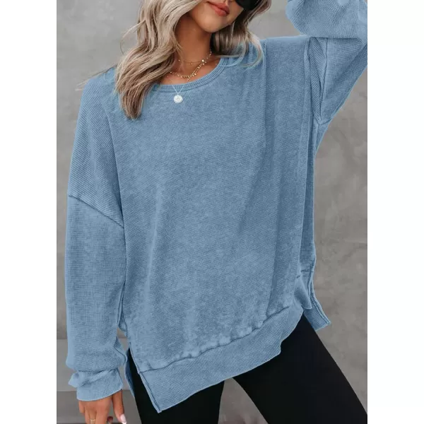 Dokotoo Womens Oversized Waffle Knit Crewneck Sweatshirts Long Sleeve Side Slits Casual Pullover Sweatshirt Tops