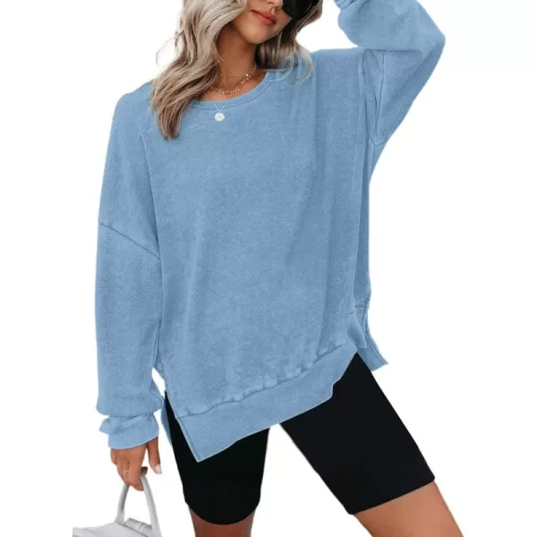 Dokotoo Womens Oversized Waffle Knit Crewneck Sweatshirts Long Sleeve Side Slits Casual Pullover Sweatshirt Tops