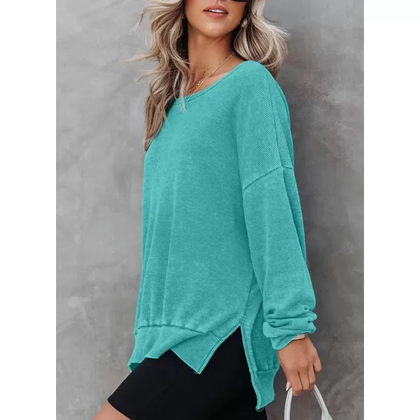 Dokotoo Womens Oversized Waffle Knit Crewneck Sweatshirts Long Sleeve Side Slits Casual Pullover Sweatshirt Tops