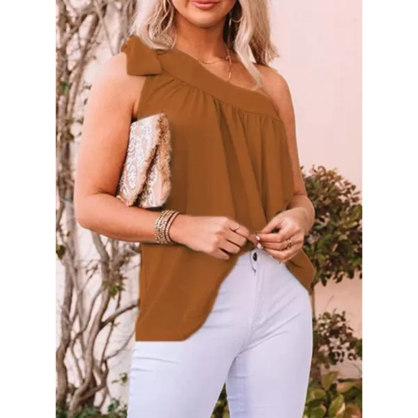 Dokotoo Womens Spring Summer One Shoulder Solid Tunic Shirts Tie Knot Loose Tank Top