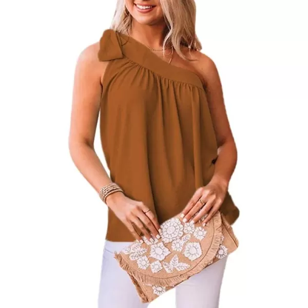 Dokotoo Womens Spring Summer One Shoulder Solid Tunic Shirts Tie Knot Loose Tank Top