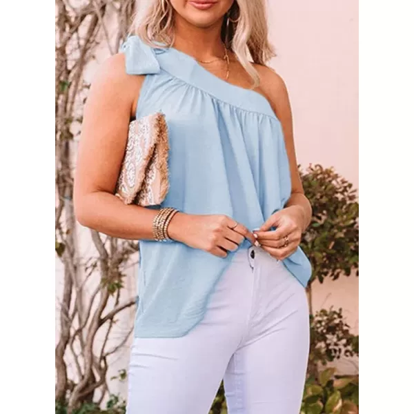 Dokotoo Womens Spring Summer One Shoulder Solid Tunic Shirts Tie Knot Loose Tank Top