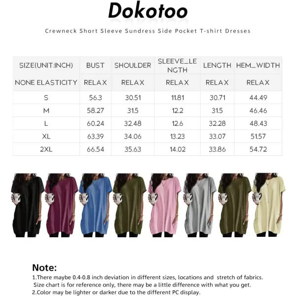 Dokotoo Women's Summer Casual Crewneck T-Shirt: Loose Fit, Solid Color, Short Sleeve, Long Tunic Top with Pockets )