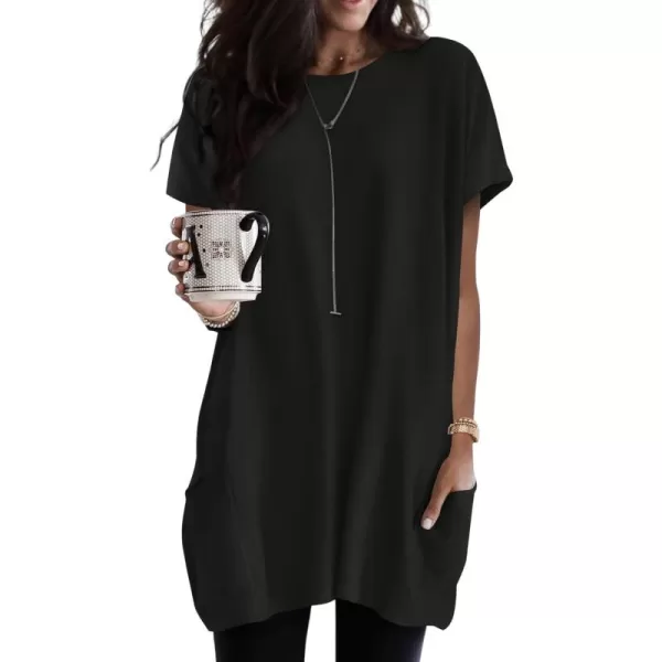 Dokotoo Women's Summer Casual Crewneck T-Shirt: Loose Fit, Solid Color, Short Sleeve, Long Tunic Top with Pockets )