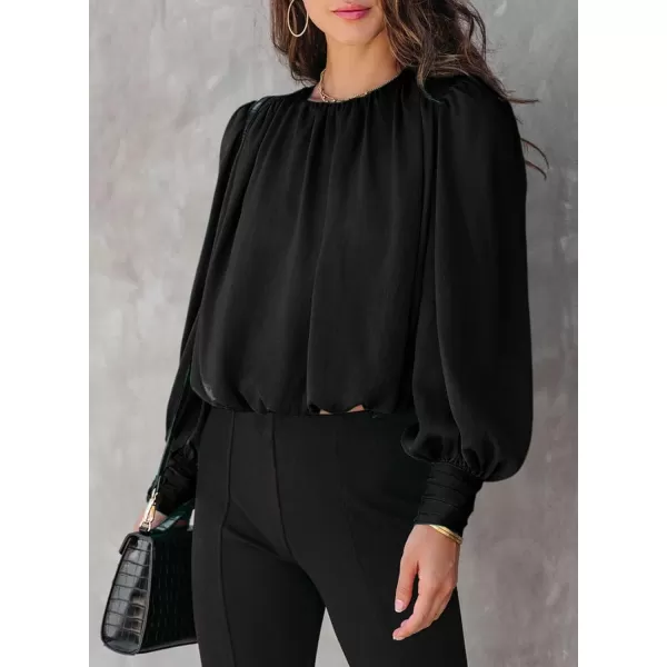 Dokotoo Women's Summer Casual Solid Color Crew Neck Long Sleeve Blouses Shirts 2023 Trendy Work Business Bohemian Tops