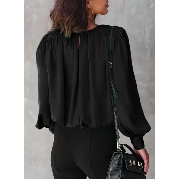 Dokotoo Women's Summer Casual Solid Color Crew Neck Long Sleeve Blouses Shirts 2023 Trendy Work Business Bohemian Tops