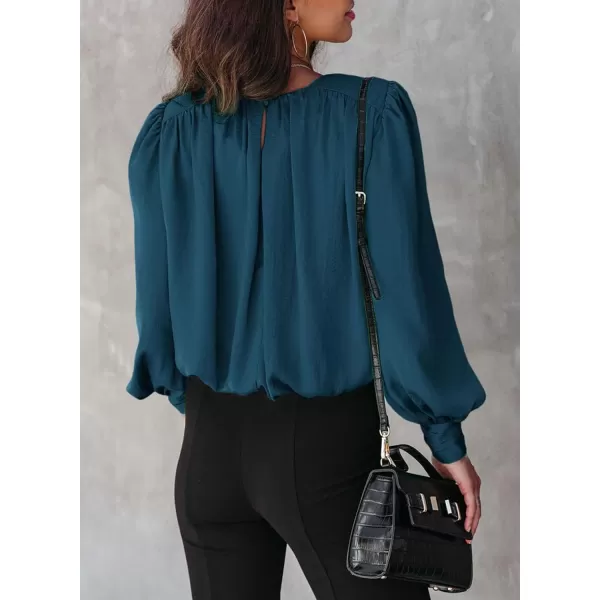 Dokotoo Women's Summer Casual Solid Color Crew Neck Long Sleeve Blouses Shirts 2023 Trendy Work Business Bohemian Tops