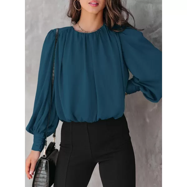 Dokotoo Women's Summer Casual Solid Color Crew Neck Long Sleeve Blouses Shirts 2023 Trendy Work Business Bohemian Tops