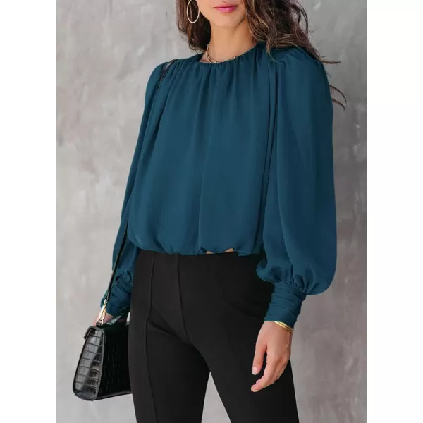 Dokotoo Women's Summer Casual Solid Color Crew Neck Long Sleeve Blouses Shirts 2023 Trendy Work Business Bohemian Tops