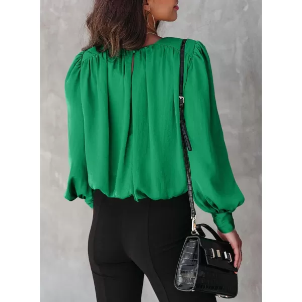 Dokotoo Women's Summer Casual Solid Color Crew Neck Long Sleeve Blouses Shirts 2023 Trendy Work Business Bohemian Tops