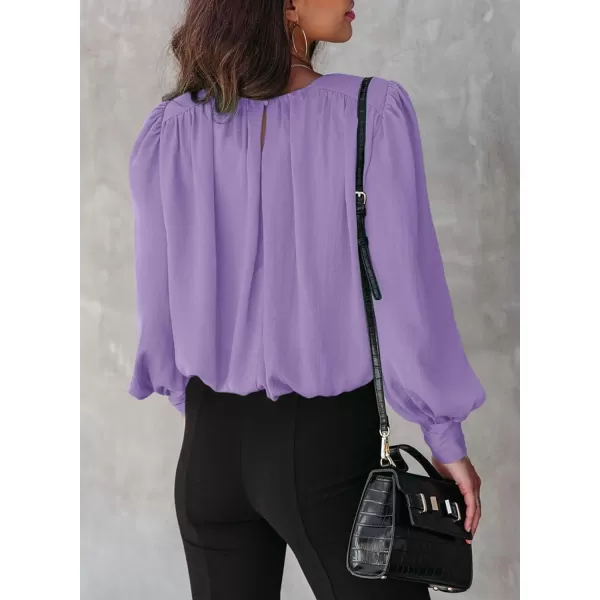 Dokotoo Women's Summer Casual Solid Color Crew Neck Long Sleeve Blouses Shirts 2023 Trendy Work Business Bohemian Tops