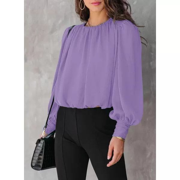 Dokotoo Women's Summer Casual Solid Color Crew Neck Long Sleeve Blouses Shirts 2023 Trendy Work Business Bohemian Tops