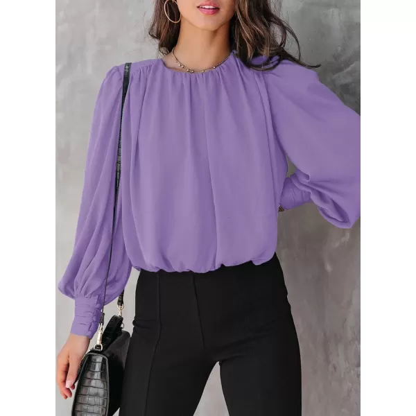 Dokotoo Women's Summer Casual Solid Color Crew Neck Long Sleeve Blouses Shirts 2023 Trendy Work Business Bohemian Tops