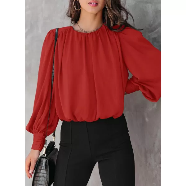 Dokotoo Women's Summer Casual Solid Color Crew Neck Long Sleeve Blouses Shirts 2023 Trendy Work Business Bohemian Tops