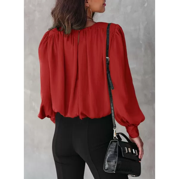 Dokotoo Women's Summer Casual Solid Color Crew Neck Long Sleeve Blouses Shirts 2023 Trendy Work Business Bohemian Tops
