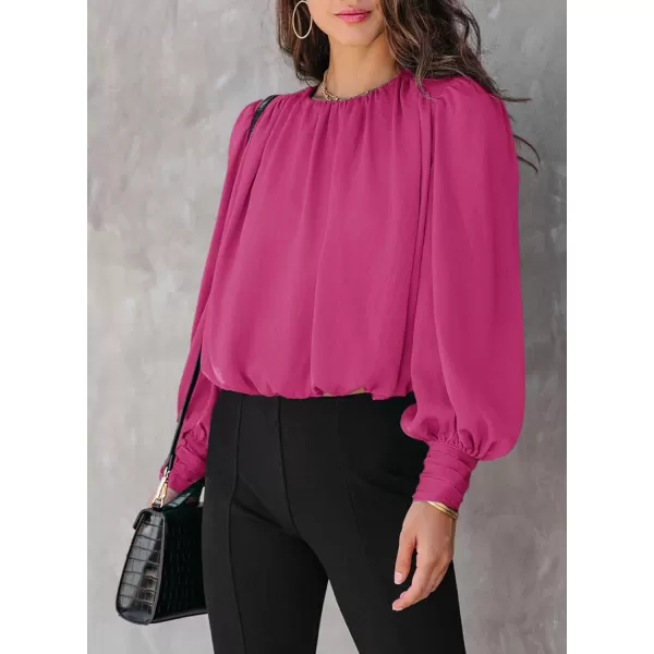 Dokotoo Women's Summer Casual Solid Color Crew Neck Long Sleeve Blouses Shirts 2023 Trendy Work Business Bohemian Tops