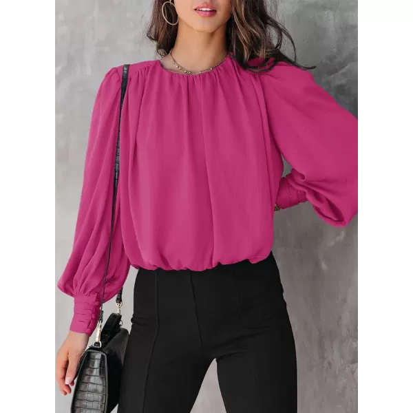 Dokotoo Women's Summer Casual Solid Color Crew Neck Long Sleeve Blouses Shirts 2023 Trendy Work Business Bohemian Tops