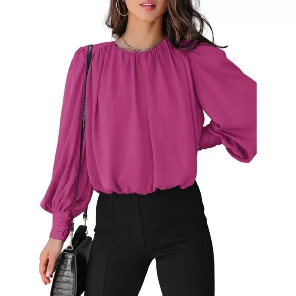 Dokotoo Women's Summer Casual Solid Color Crew Neck Long Sleeve Blouses Shirts 2023 Trendy Work Business Bohemian Tops