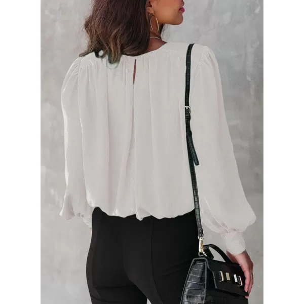 Dokotoo Women's Summer Casual Solid Color Crew Neck Long Sleeve Blouses Shirts 2023 Trendy Work Business Bohemian Tops
