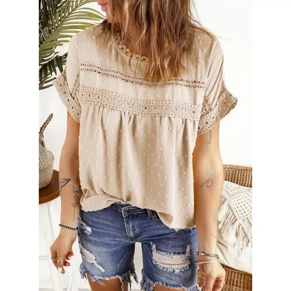 Dokotoo Womens Summer Tops Crewneck Lace Crochet Short Sleeve Shirts Casual Chiffon Blouses