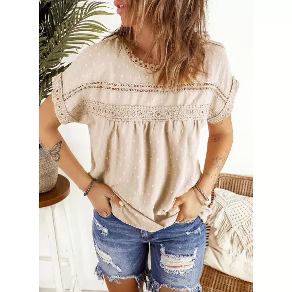 Dokotoo Womens Summer Tops Crewneck Lace Crochet Short Sleeve Shirts Casual Chiffon Blouses