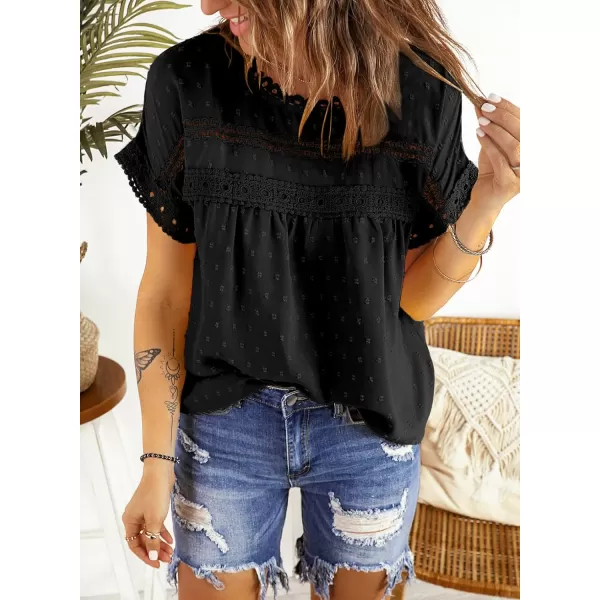 Dokotoo Womens Summer Tops Crewneck Lace Crochet Short Sleeve Shirts Casual Chiffon Blouses