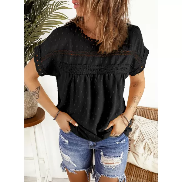 Dokotoo Womens Summer Tops Crewneck Lace Crochet Short Sleeve Shirts Casual Chiffon Blouses