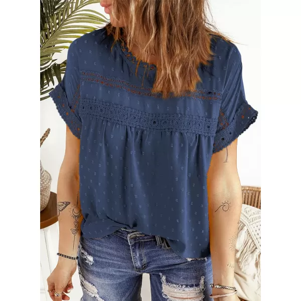 Dokotoo Womens Summer Tops Crewneck Lace Crochet Short Sleeve Shirts Casual Chiffon Blouses