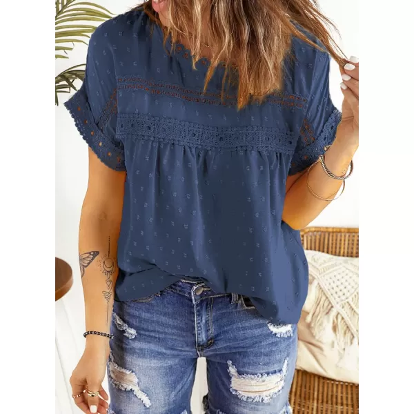 Dokotoo Womens Summer Tops Crewneck Lace Crochet Short Sleeve Shirts Casual Chiffon Blouses