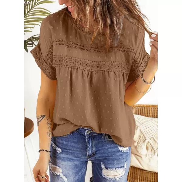 Dokotoo Womens Summer Tops Crewneck Lace Crochet Short Sleeve Shirts Casual Chiffon Blouses