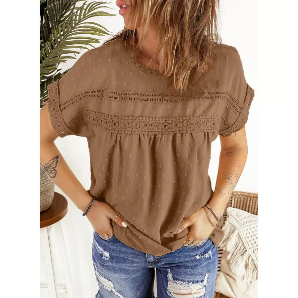Dokotoo Womens Summer Tops Crewneck Lace Crochet Short Sleeve Shirts Casual Chiffon Blouses