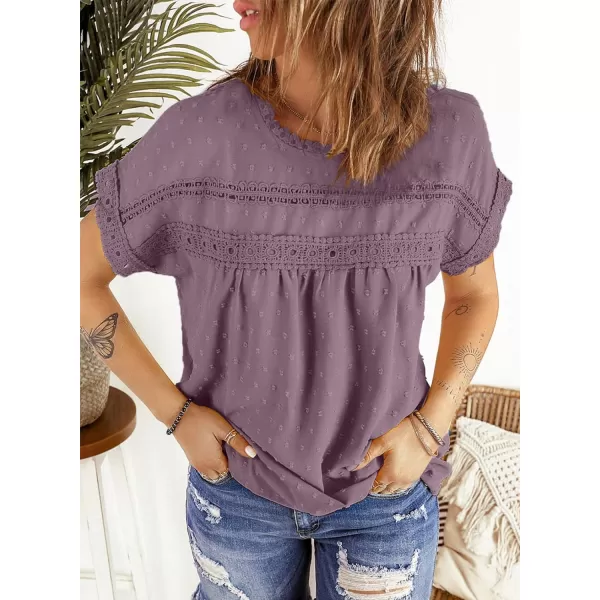 Dokotoo Womens Summer Tops Crewneck Lace Crochet Short Sleeve Shirts Casual Chiffon Blouses
