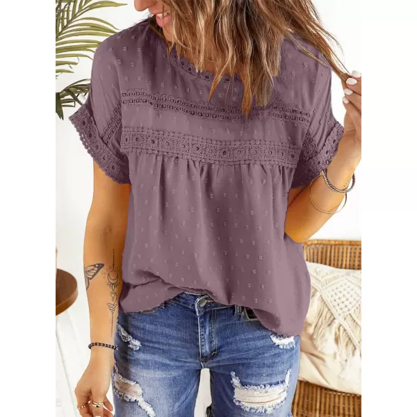 Dokotoo Womens Summer Tops Crewneck Lace Crochet Short Sleeve Shirts Casual Chiffon Blouses