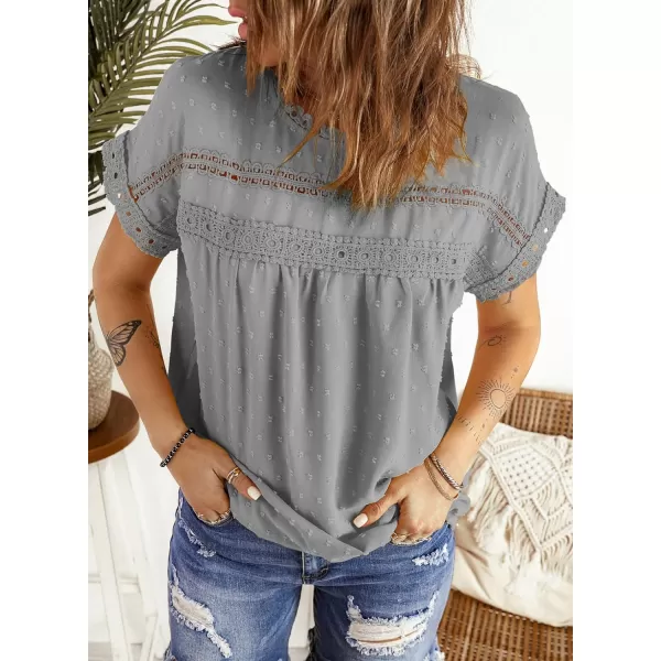 Dokotoo Womens Summer Tops Crewneck Lace Crochet Short Sleeve Shirts Casual Chiffon Blouses