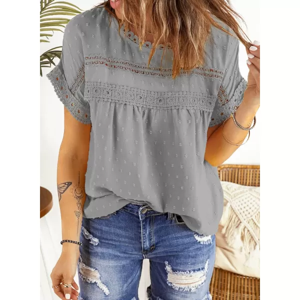 Dokotoo Womens Summer Tops Crewneck Lace Crochet Short Sleeve Shirts Casual Chiffon Blouses