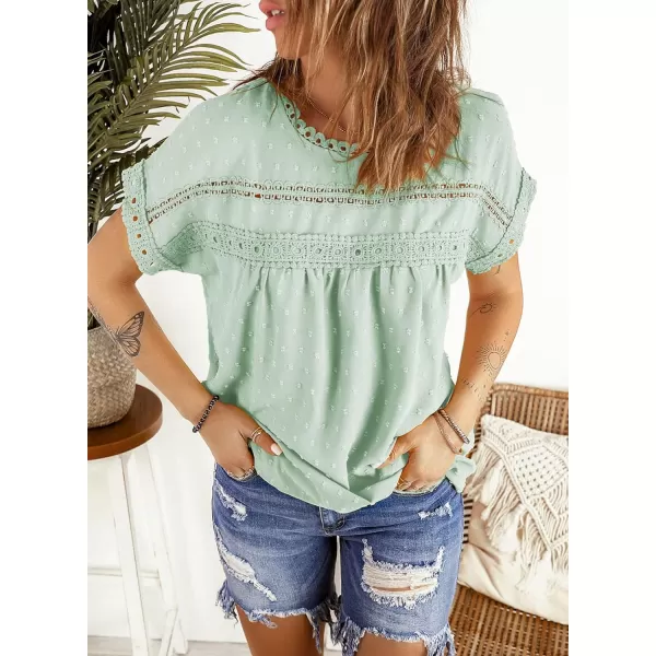 Dokotoo Womens Summer Tops Crewneck Lace Crochet Short Sleeve Shirts Casual Chiffon Blouses