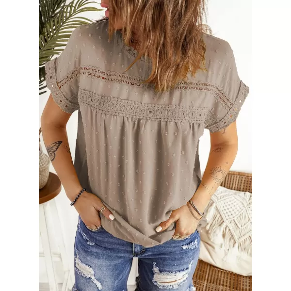 Dokotoo Womens Summer Tops Crewneck Lace Crochet Short Sleeve Shirts Casual Chiffon Blouses