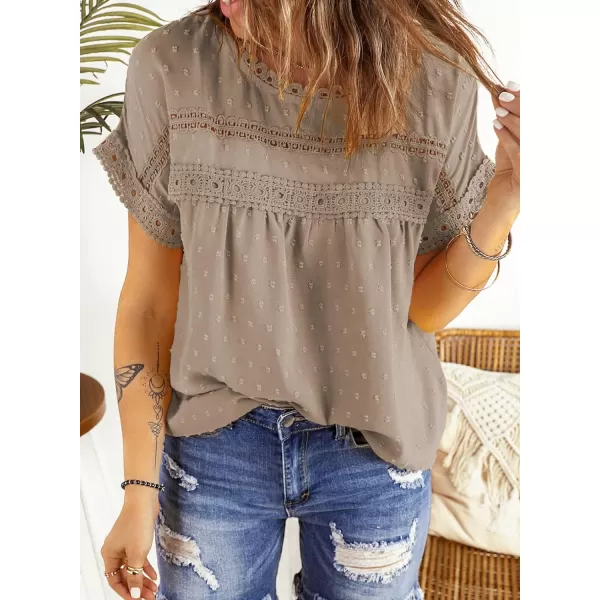 Dokotoo Womens Summer Tops Crewneck Lace Crochet Short Sleeve Shirts Casual Chiffon Blouses