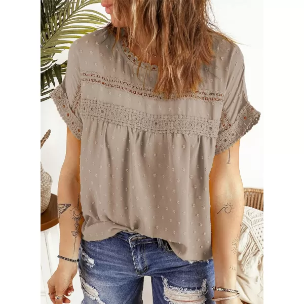 Dokotoo Womens Summer Tops Crewneck Lace Crochet Short Sleeve Shirts Casual Chiffon Blouses