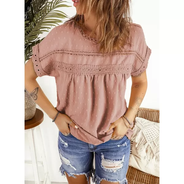 Dokotoo Womens Summer Tops Crewneck Lace Crochet Short Sleeve Shirts Casual Chiffon Blouses