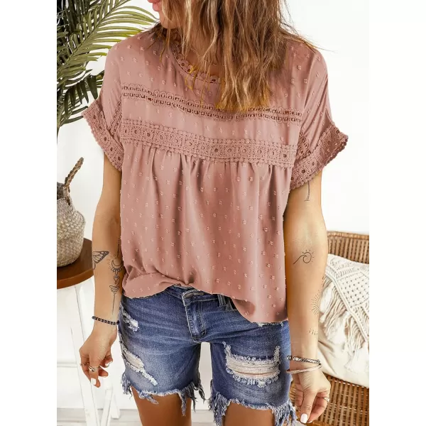 Dokotoo Womens Summer Tops Crewneck Lace Crochet Short Sleeve Shirts Casual Chiffon Blouses