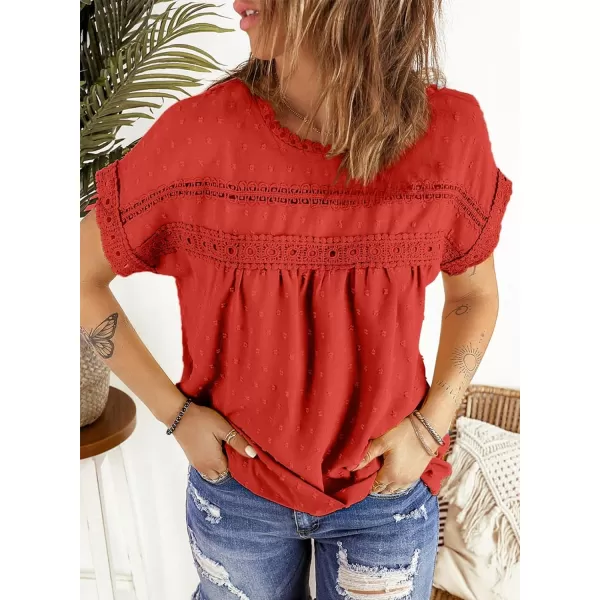 Dokotoo Womens Summer Tops Crewneck Lace Crochet Short Sleeve Shirts Casual Chiffon Blouses