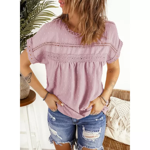 Dokotoo Womens Summer Tops Crewneck Lace Crochet Short Sleeve Shirts Casual Chiffon Blouses