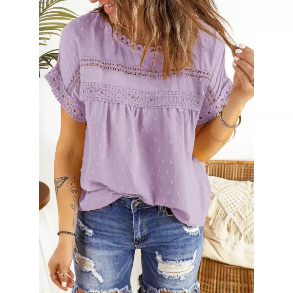 Dokotoo Womens Summer Tops Crewneck Lace Crochet Short Sleeve Shirts Casual Chiffon Blouses