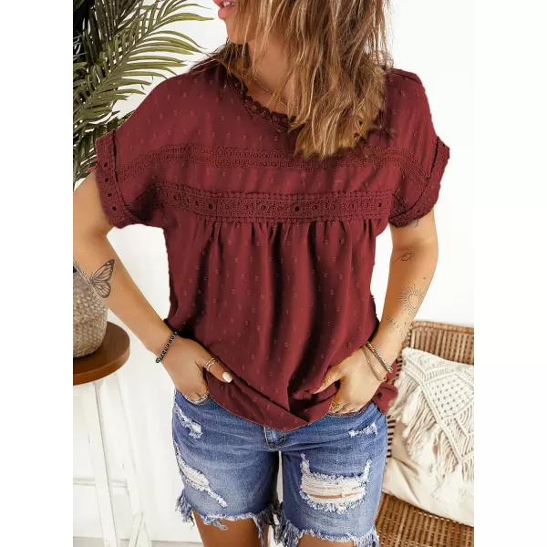 Dokotoo Womens Summer Tops Crewneck Lace Crochet Short Sleeve Shirts Casual Chiffon Blouses