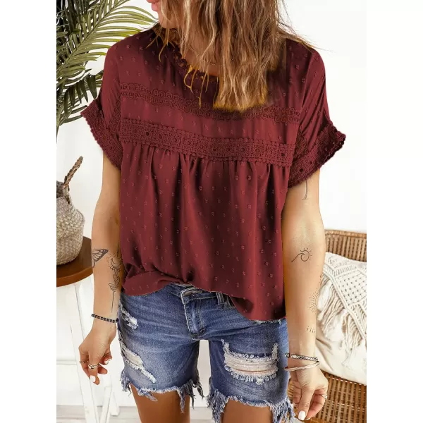 Dokotoo Womens Summer Tops Crewneck Lace Crochet Short Sleeve Shirts Casual Chiffon Blouses