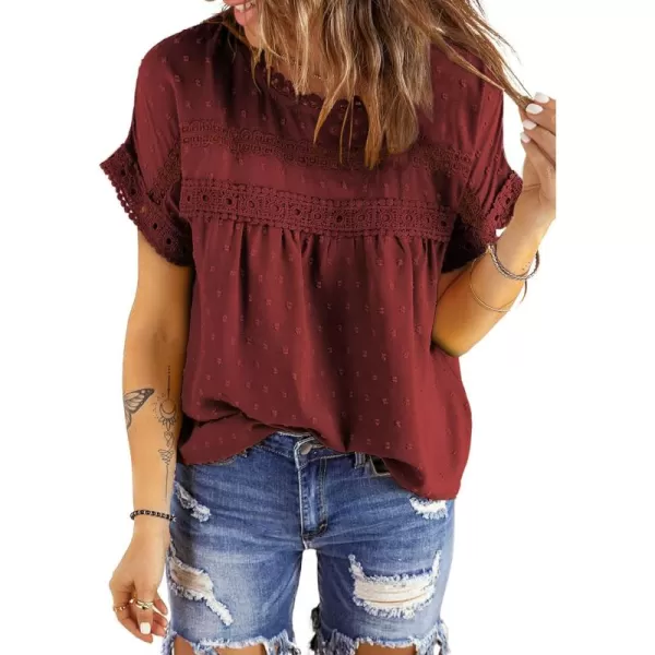 Dokotoo Womens Summer Tops Crewneck Lace Crochet Short Sleeve Shirts Casual Chiffon Blouses