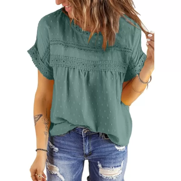 Dokotoo Womens Summer Tops Crewneck Lace Crochet Short Sleeve Shirts Casual Chiffon Blouses