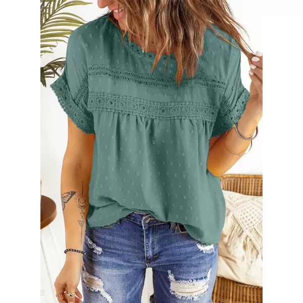 Dokotoo Womens Summer Tops Crewneck Lace Crochet Short Sleeve Shirts Casual Chiffon Blouses